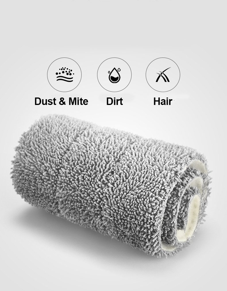 Rolled grey microfiber pad of the white spray mop with dust and hair icons