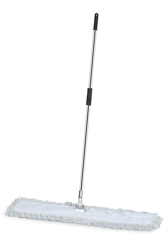 Wide dust mop with white yarn pad standing upright, showing the metal pole and black grip