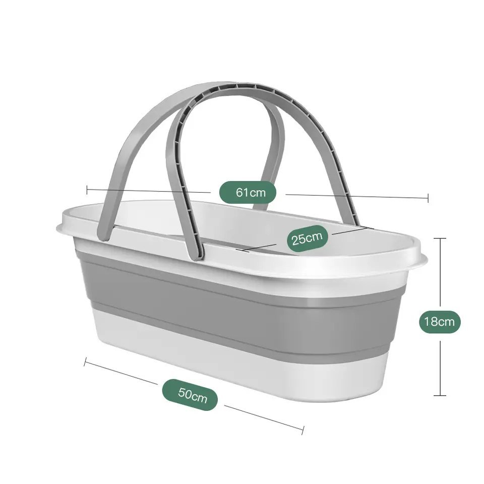 Collapsible bucket of the X-shape mop set measured at 61 × 25 cm rim and 18 cm high