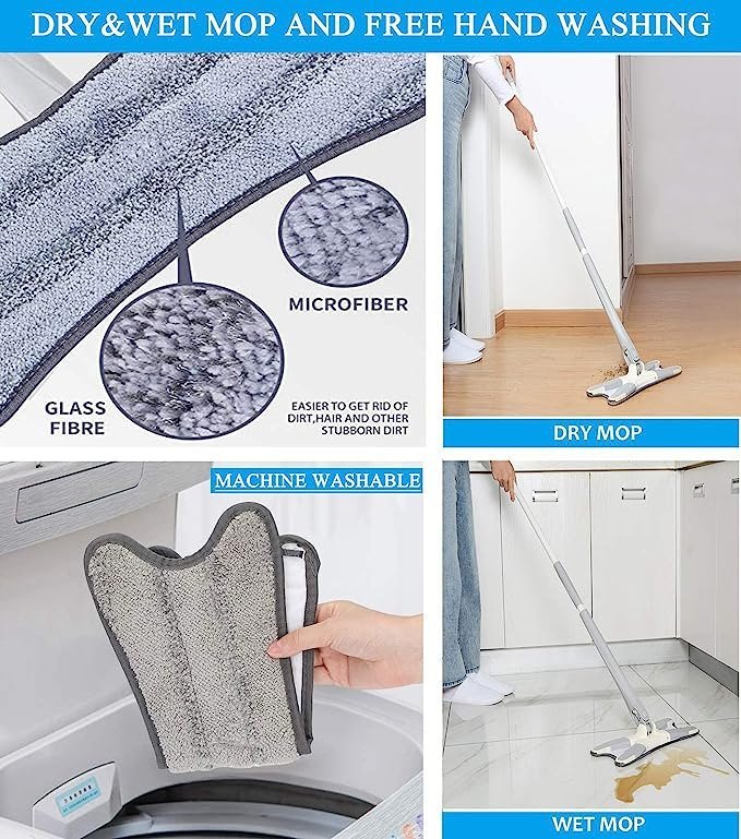 Microfiber pad close-up, dry and wet mopping, and the pad going into a washing machine