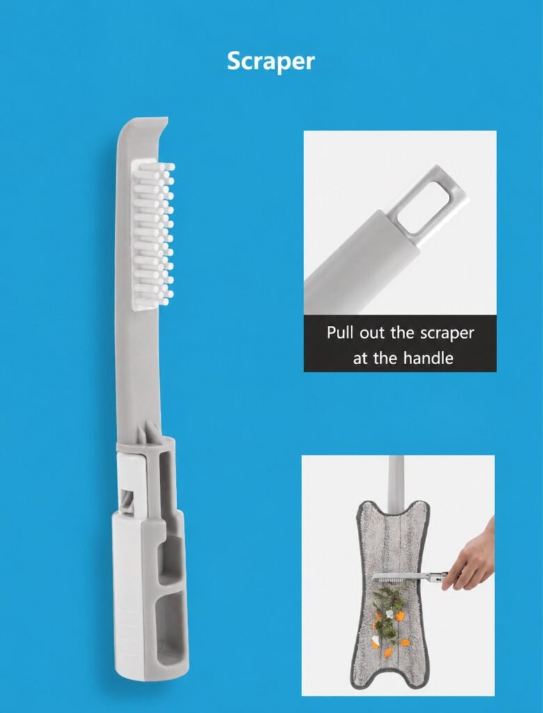 Comb-and-scraper pulled from the mop handle, cleaning debris off the X-shaped pad
