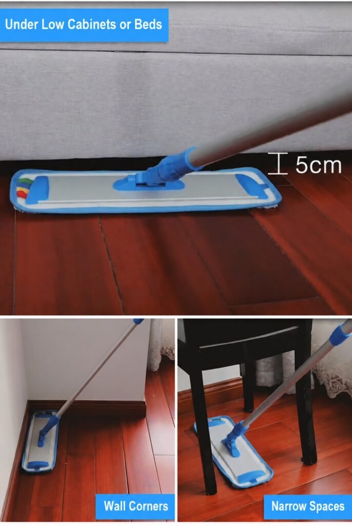 Flat mop with the microfiber pad under a bed, in a corner and by a chair